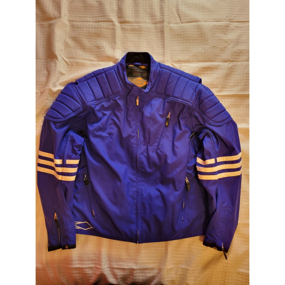 Power Trip Mens 2XL Blue Padded Nylon Motorcycle Riding Jacket Racing Stripes